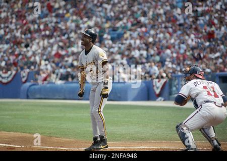 Pittsburgh Pirates Barry Bonds reacts in frustration after flying with a  man on out, against the Atlanta Braves in the fifth inning of Game 6 of the  National League playoffs, at Three