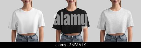 Mockup of white, black, heather crop top on beautiful girl in jeans, fashion clothes for design, print, front. Set of free cut t-shirts, women's cloth Stock Photo
