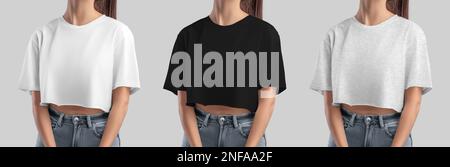 Mockup of white, black, heather crop top on girl, set of fashion clothes for design, print, pattern, front view. Template texture wear, free cut t-shi Stock Photo