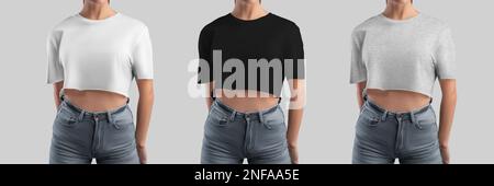 Mockup of a white, black, heather crop top on a girl, a set of fashion clothes canvas bella isolated on the background. Template casual wear, stylish Stock Photo
