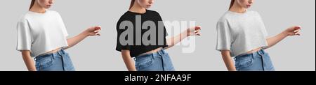 Mockup of white, black, heather crop top on posing girl, canvas bella t-shirt, for design, print, advertising, front view. Set of women's shirt, wear, Stock Photo
