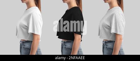 Template white, black, heather crop top with wrinkles, textured t-shirt on a girl, for design, print, advertising, side view. Mockup of women's fashio Stock Photo