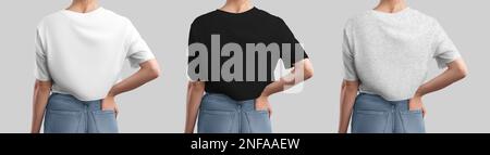 White, black, heather crop top mockup on girl with hand in pocket, oversize t-shirt for design, print, advertising, back view. Set of fashion women's Stock Photo