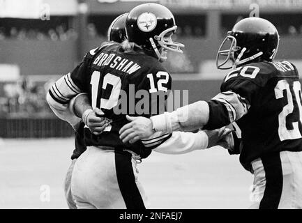 Quarterback Terry Bradshaw of the Pittsburgh Steelers drops back