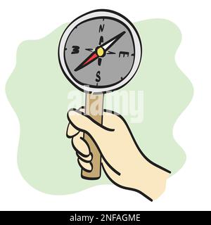closeup hand holding compass illustration vector hand drawn isolated on white background line art. Stock Vector
