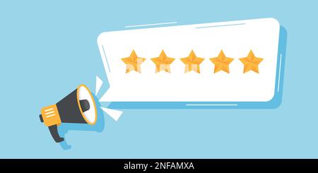 Review rating icon in flat style. Customer feedback vector illustration on isolated background. Megaphone with speech bubble sign business concept. Stock Vector