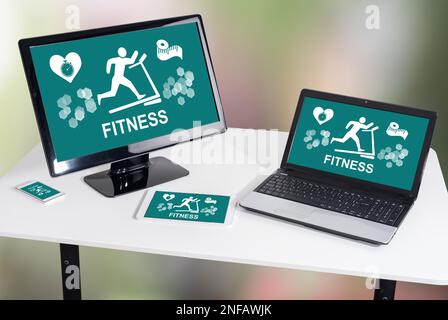 Fitness concept shown on different information technology devices Stock Photo