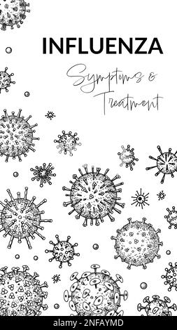 Virus vertical background in sketch style. Hand drawn bacteria, germ, microorganism. Microbiology scientific design. Vector illustration in sketch sty Stock Vector