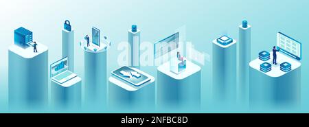 Isometric vector of digital technology, big data analysis and computer secured network Stock Vector