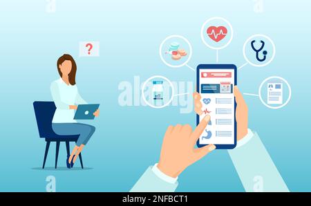 Online medicine concept. Vector of a doctor answering patient questions online via mobile app Stock Vector