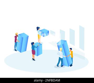 Vector of a business people team assembling graph bars in a growing up chart Stock Vector