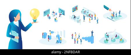 Isometric vector set for business idea, team work, corporate growth, job recruitment and financial success Stock Vector