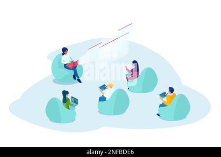 Vector of a group of young people using mobile devices connected via social media platform Stock Vector