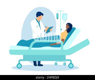 Vector of a doctor checking up on a female patient lying on bed with dropper during treatment in clinic Stock Vector