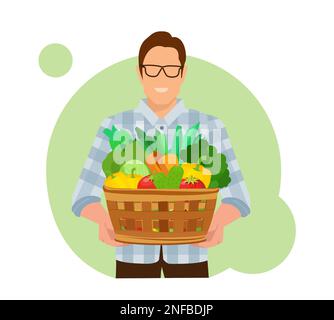 Vector of a young farmer holding a basket with fresh vegetables Stock Vector