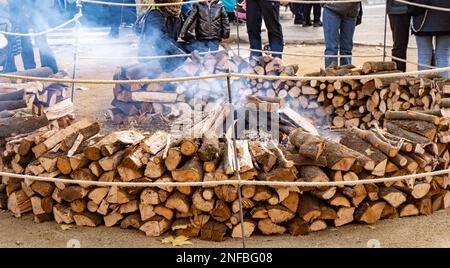 Start of big bonfire coming out smoke with wooden logs in a popular village festival for typical rural celebration and people around watching Stock Photo