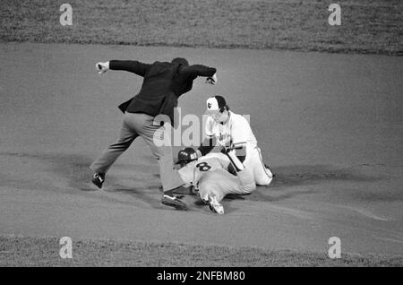 Baltimore Orioles batter Rick Dempsey watches his double, head for