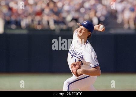 Kansas City Royals Pitcher Bret Saberhagen embraces Royals third baseman  George Brett after pitching a five-hitter to give the Royals the World  Series crown over the St. Louis Cardinals at night, Sunday