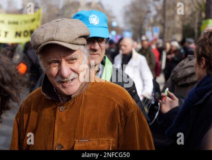 Paris, France. 16th Feb, 2023. Noël Mamère attends the demonstration against pension reform and the gradual arrival of retirement at 64 years old. Stock Photo