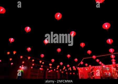 Red Lanterns That Light Up At Night, At The 2023 Chinese New Year's Eve Event In Muntok City, Indonesia Stock Photo