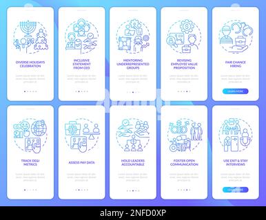 DEI programs for workplace blue gradient onboarding mobile app screens set Stock Vector