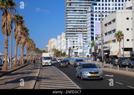 TEL AVIV, ISRAEL - NOVEMBER 2, 2022: Car traffic along the Tayelet beachfront promenade in Tel Aviv city, Israel. Tel Aviv is the economic and technol Stock Photo