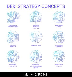 DEI strategy in workplace blue gradient concept icons set Stock Vector