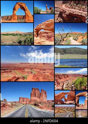 Utah landscapes photo collage - travel collection with national parks (Arches and Canyonlands). Stock Photo