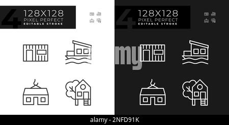 Compact houses pixel perfect linear icons set for dark, light mode Stock Vector
