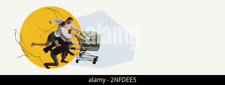 Tasks. Contemporary art collage. Group of employees pushing trolley with documents. Working routine, deadlines, projects to finish Stock Photo