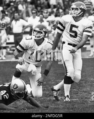 New York Jets' kicker Pat Leahy (5) watches the flight of his ball in the  second quarter, Jan. 15, 1983 at Los Angeles as he completed the field goal  that provided the winning margin in the Jets' 17-14 win over the Los  Angeles Raiders in the Super Bowl