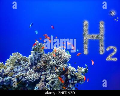 renewable pure energy colorful h2 hydrogen in deep blue water with ...