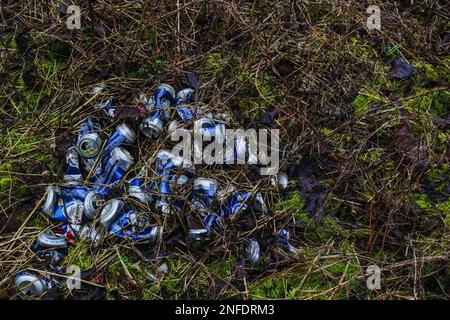 lot of empty beer cans at a place in the nature during hiking Stock Photo