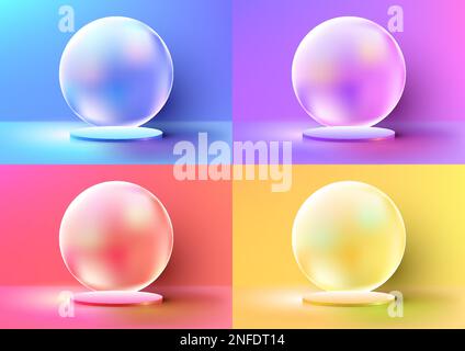 Set of 3D realistic empty blue, purple, red, yellow podium pedestal stand with circle backdrop minimal wall scene background. You Set of 3D realistic Stock Vector