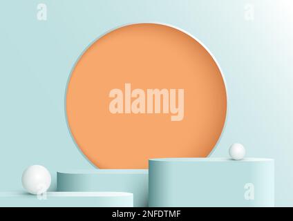 3D realistic blue podium stand pedestal with yellow circle frame backdrop decoration white balls on blue studio room background. You can use for produ Stock Vector