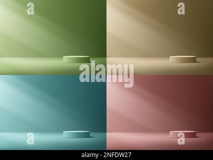 Set of 3D realistic empty green, blue, red, brown podium cylinder shape product display with lighting on minimal wall scene background. You can use fo Stock Vector