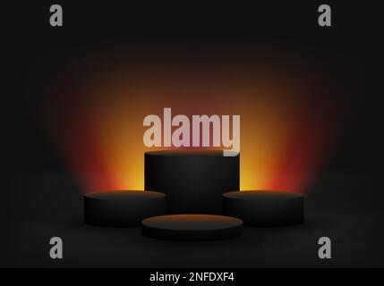 3D realistic set of empty black cylinder podium stand with lighting effect on dark background. You can use for studio room elegant wall scene, mock up Stock Vector