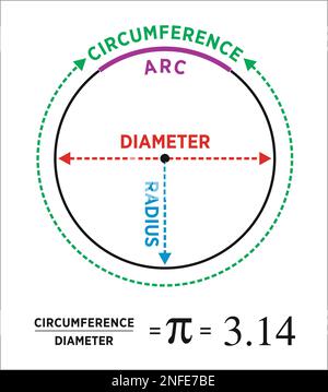 A diagram of a circle with the center, diameter, circumference, and ...