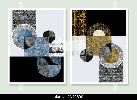 Round, square geometric shapes with lines in metallic gold, blue, red, and black colors. A minimalist trendy abstract set for posters, book cover Stock Vector