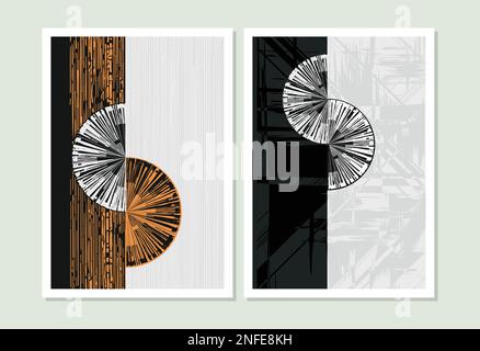 Geometric shapes with grunge black lines on the colorful ground. A set of minimalist trendy abstract print  ideal for posters, book covers Stock Vector