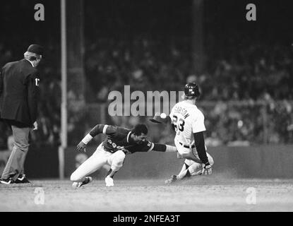 Kirk Gibson belts a two-run homer to give the Detroit Tigers a lead in the  first inning of World Series game at Tiger Stadium in Detroit Sunday, Oct.  14, 1984. San Diego