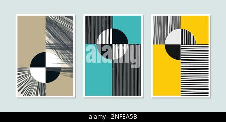 Geometric shapes with grunge black lines on the colorful ground. A set of minimalist trendy abstract print  ideal for posters, book covers Stock Vector