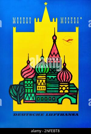 Vintage 1950s Lufthansa Travel Poster for Moscow. Stock Photo