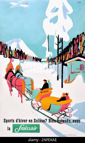 VINTAGE 1940s TRAVEL POSTER Sports d'hiver en Suisse , Bien entendu avec la Swissair Stock Photo