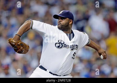 Milwaukee Brewers starting pitcher CC Sabathia throws during the first  inning of a baseball game against the Chicago Cubs Sunday, Sept. 28, 2008,  in Milwaukee. (AP Photo/Morry Gash Stock Photo - Alamy