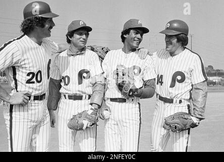 The Phillies infield was completed when newly acquired Manny Trillo, second  from right, reported to spring training camp, Friday, March 2, 1979,  Clearwater, Fla. They are, from left; Mike Schmidt, third base;