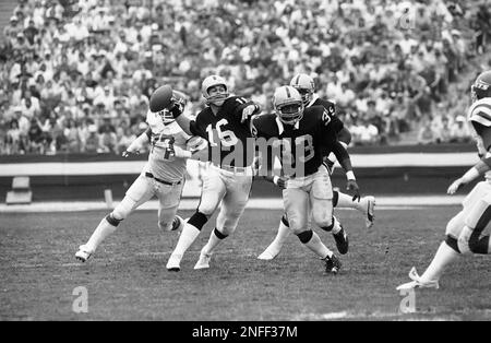 Oakland Raiders quarterback Jim Plunkett (16) prepares to throw the ball in  a game against the …