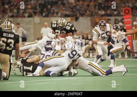 New Orleans Saints Buford Jordan (23) is stopped by the Minnesota Vikings  offense during first half