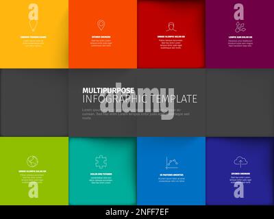 Vector Minimalist colorful mosaic Infographic report template with square blocks with one big dark gray  stripe containing the infographic title. Colo Stock Vector