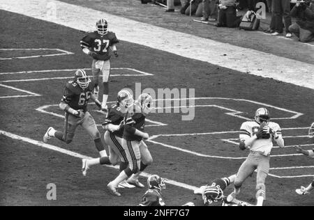 Tony Dorsett, Dallas Cowboys running back, second from left, gets ready to  toss the ball to the sidelines after rushing for over 1,000 yards in his  rookie season, Sunday, Dec. 18, 1977